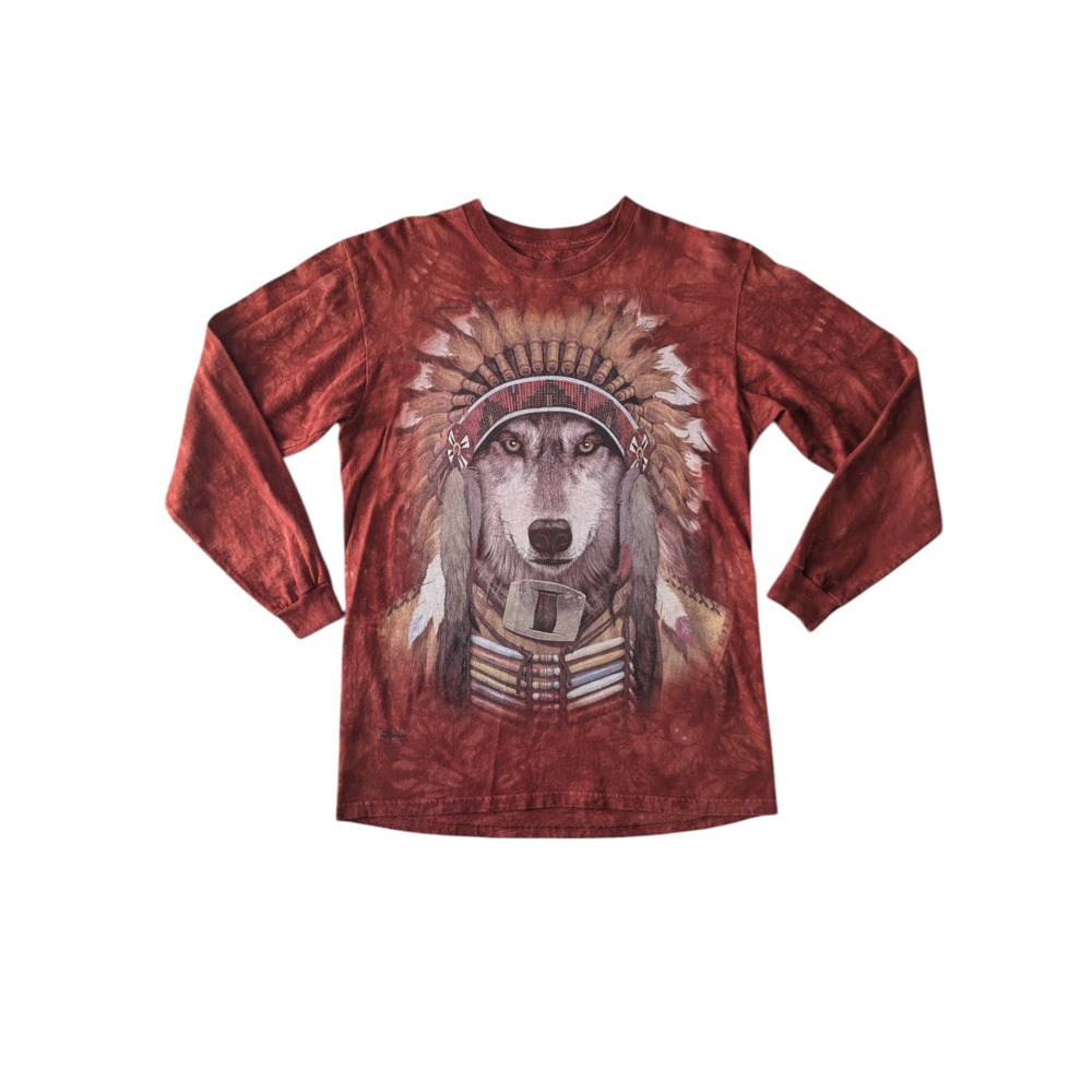 The Mountain Wolf Spirit Chief Native American Animal Red Rust Long Sleeve Shirt